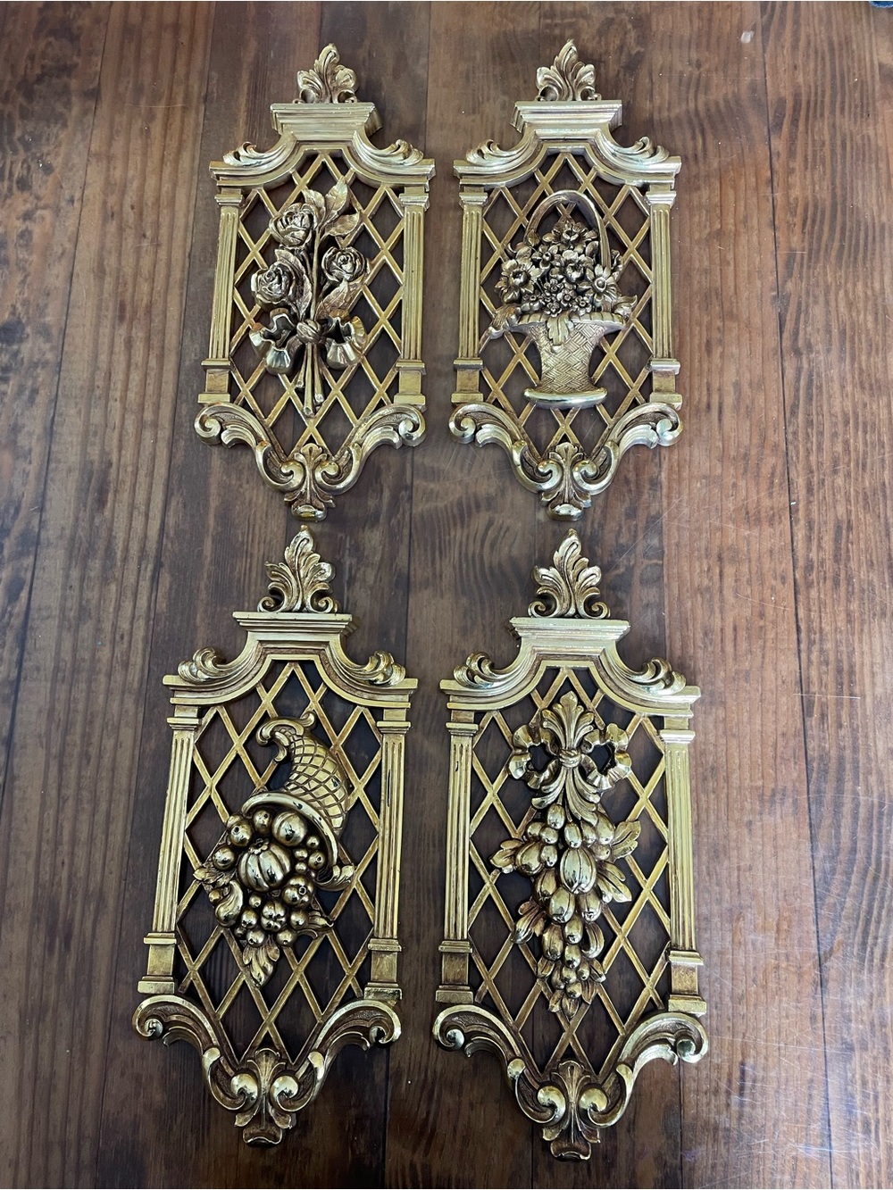 Vintage Retro Gold Ornate Wall Plaques with floral Design - Set of 4 home design